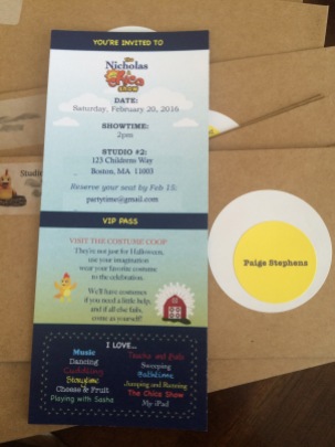 Custom chica show invitations with "egg" labels